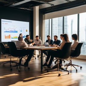 The image depicts a modern office environment with a large conference table at the center, surrounded by sleek black chairs-1